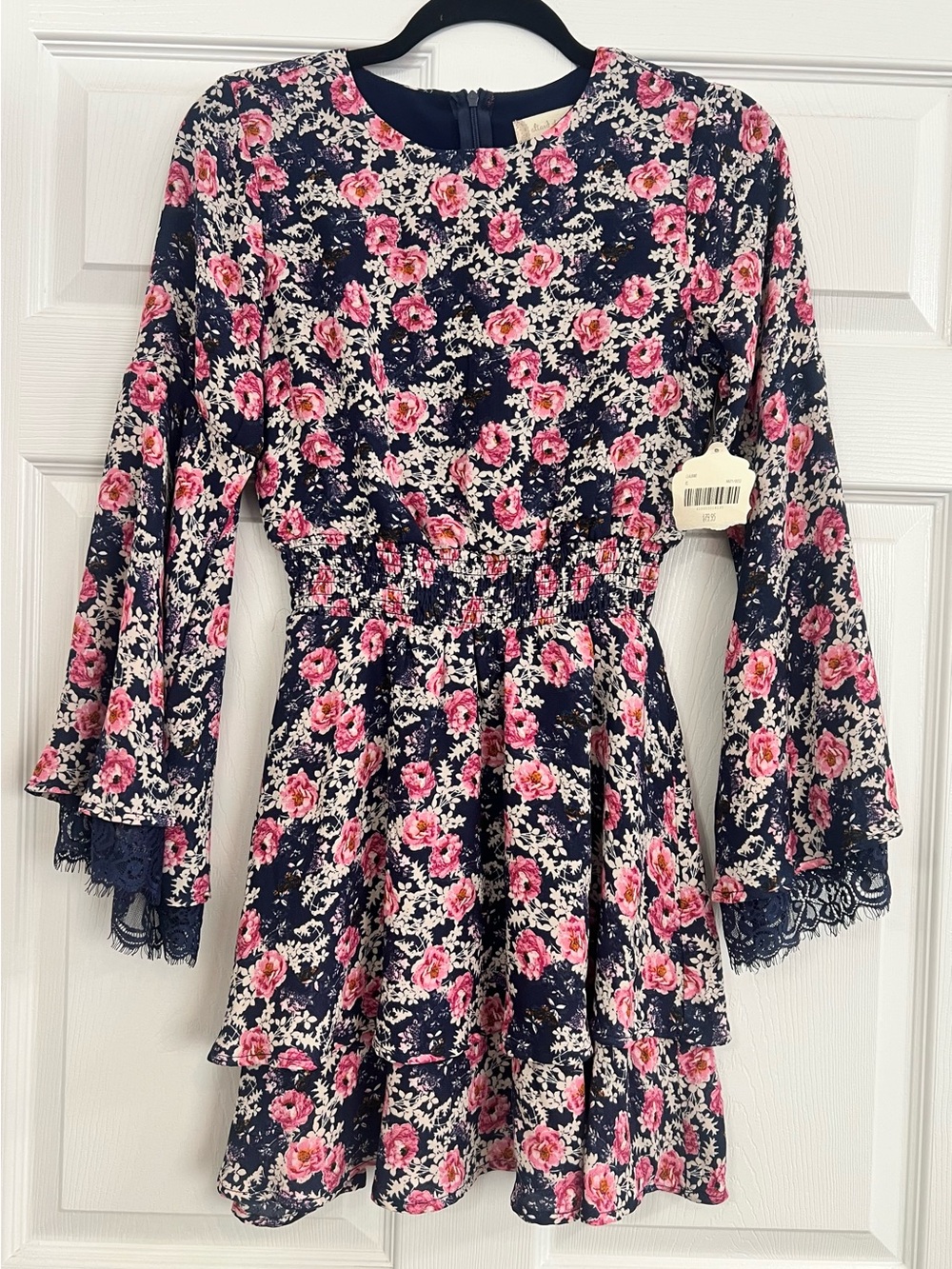 Alter’d State NWT Navy Pink Floral Lace Bell Sleeve Dress XS